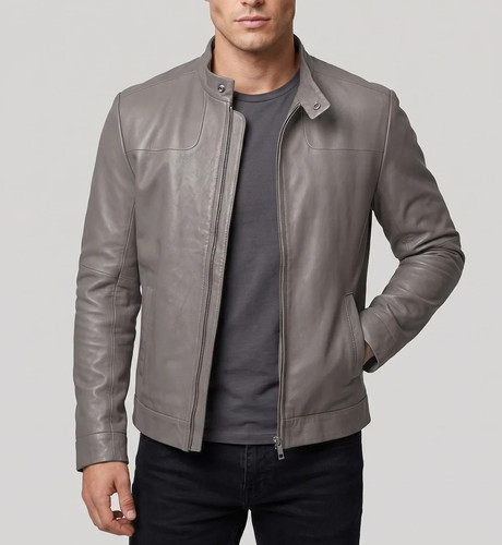 Men grey leather jacket - grey,