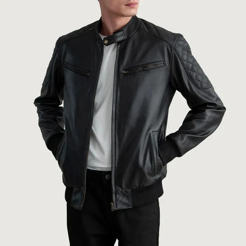 Men black leather bomber - leather,